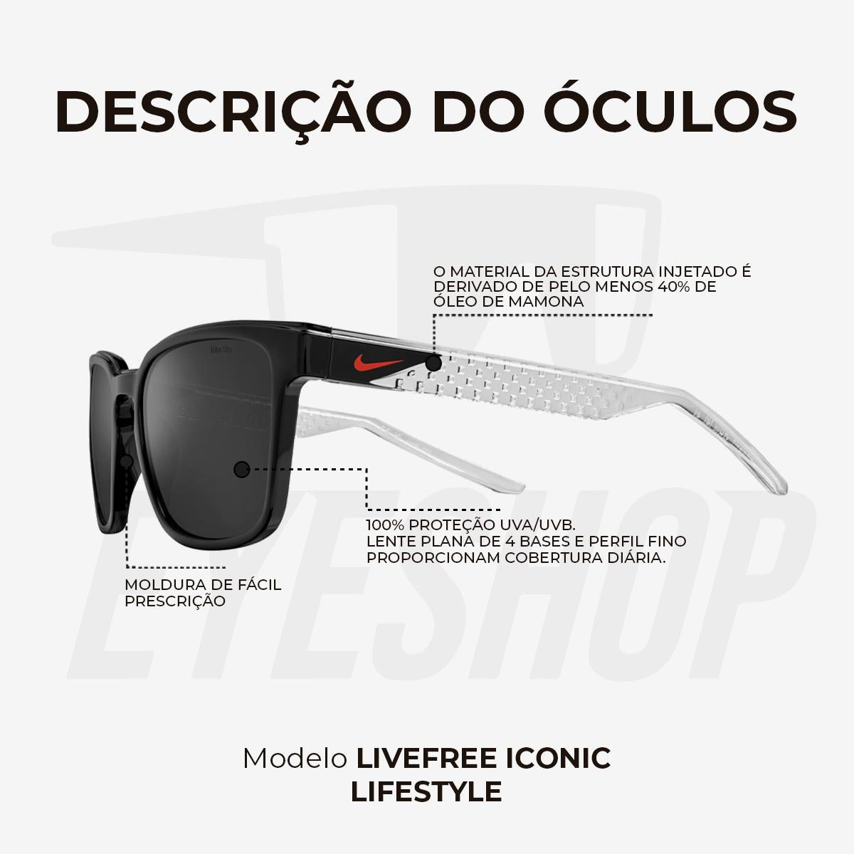 Óculos de Sol Nike Livefree Iconic EV24012 Black Dark Grey